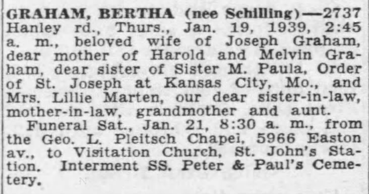 St. Louis Post-Dispatch Obituary of Bertha Graham 19 Jan 1939