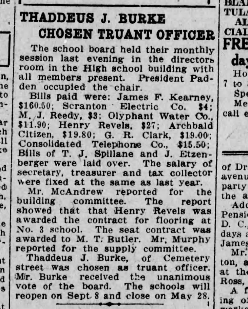 Thaddeus J Burke Chosen Truant Officer 5 August 1913  Scranton Republican