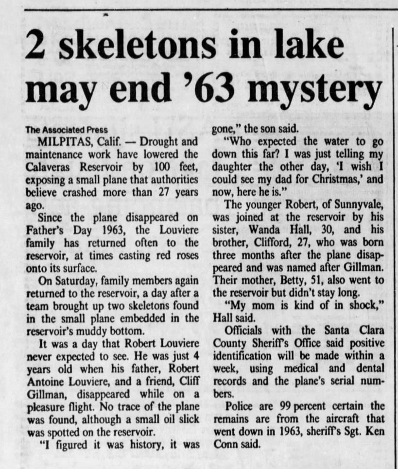 2 Skeletons in lake may end '63 mystery Arizona Republic article on Robert Antoine Louviere