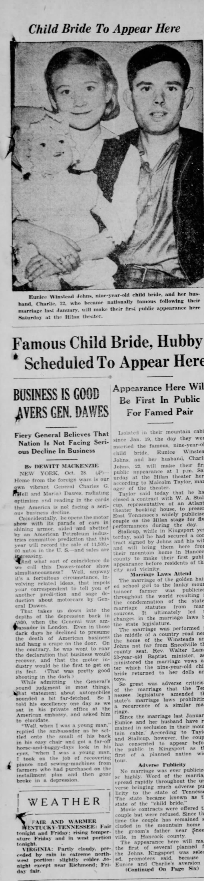 Child Bride-Hancock County Tenn.
Eunice Winstead, age 9 
married to Charlie Johns age 22.