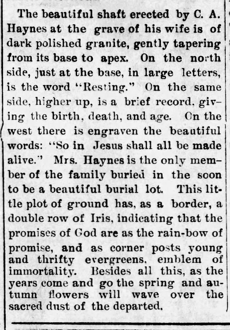 Laura A Byram Haynes (1853-1899) - Gravestone Description