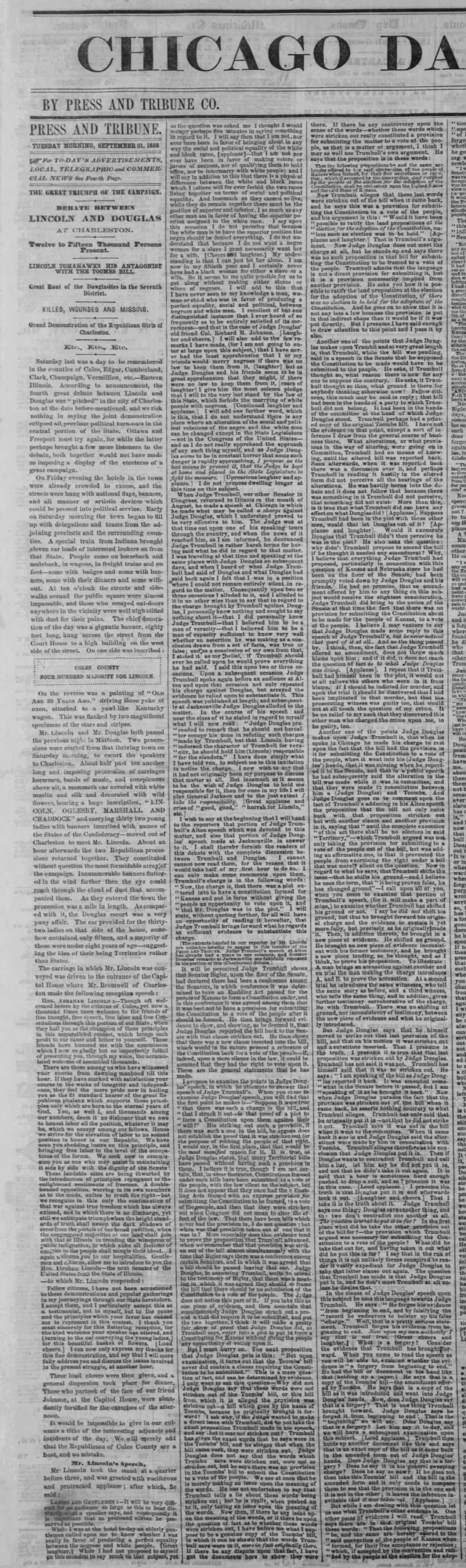 Tribune coverage of the Lincoln-Douglas debates from 1858