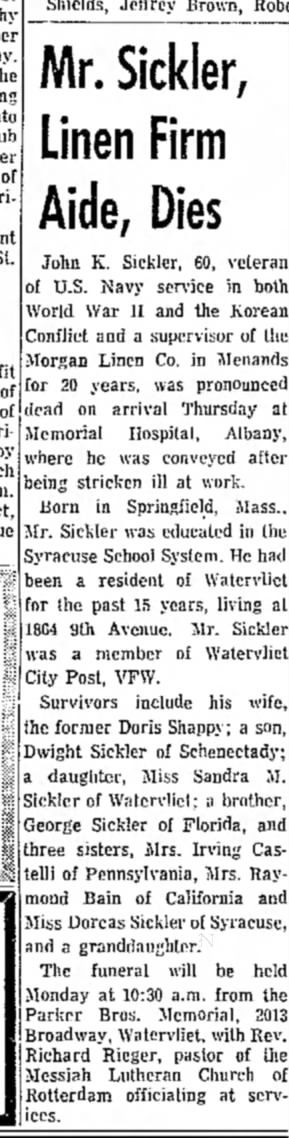 4 April 1969  The Troy, New York Times Record - John K Sickler Obituary