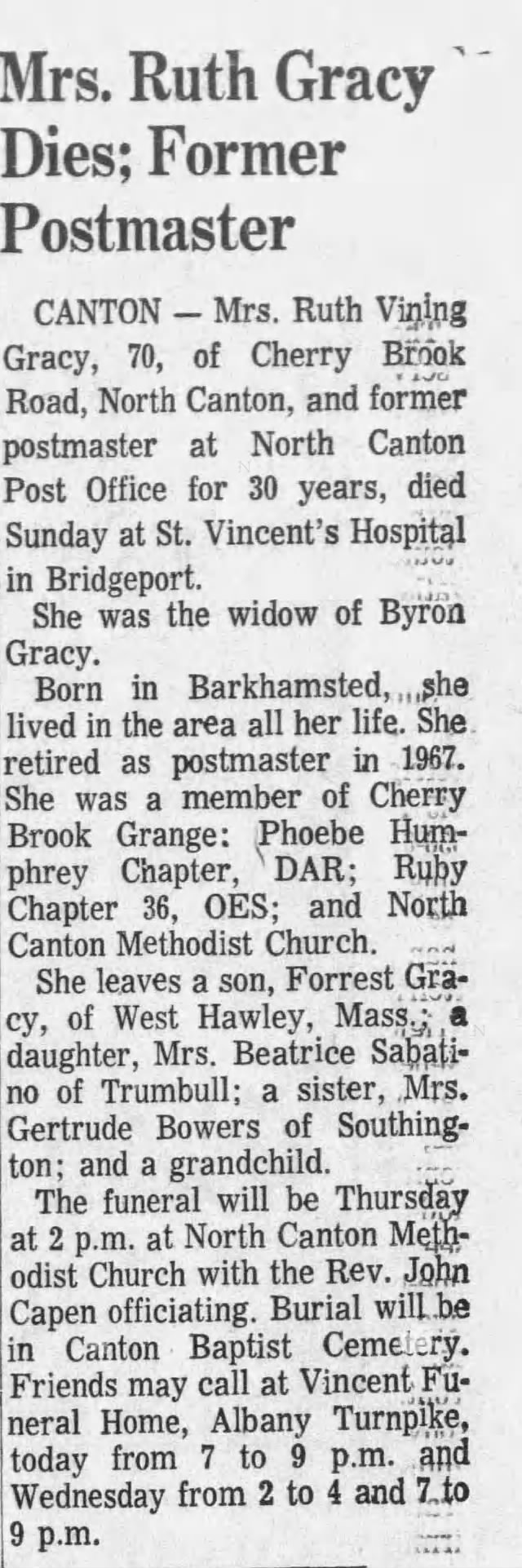 Obituary for Ruth Vining Gracy (Aged 70)