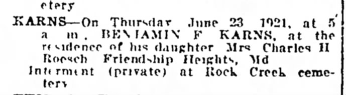 BF Karns death notice 23 Jun 1921