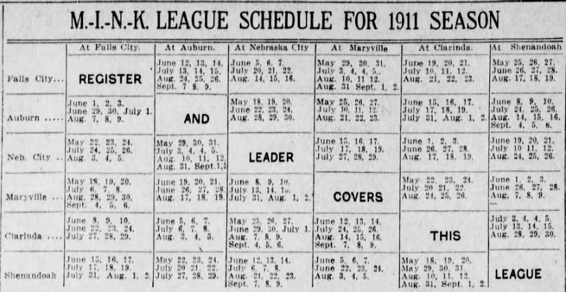 1911 MINK League schedule