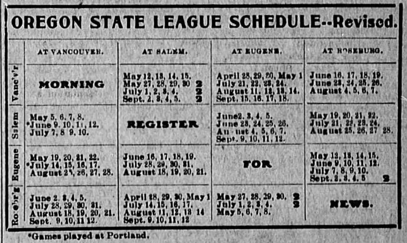 1904 Oregon State League schedule