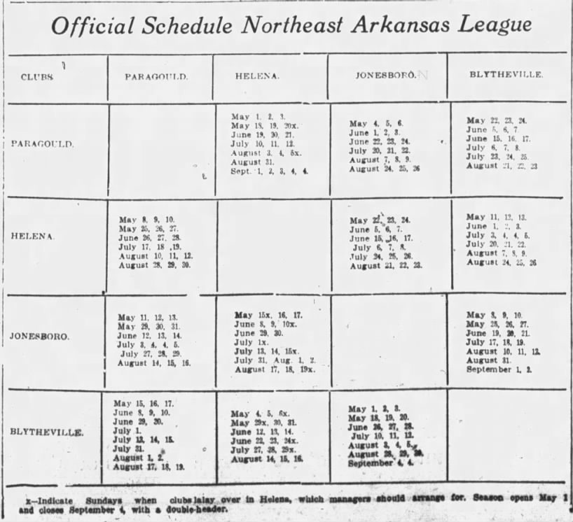 1911 Northeast Arkansas League schedule