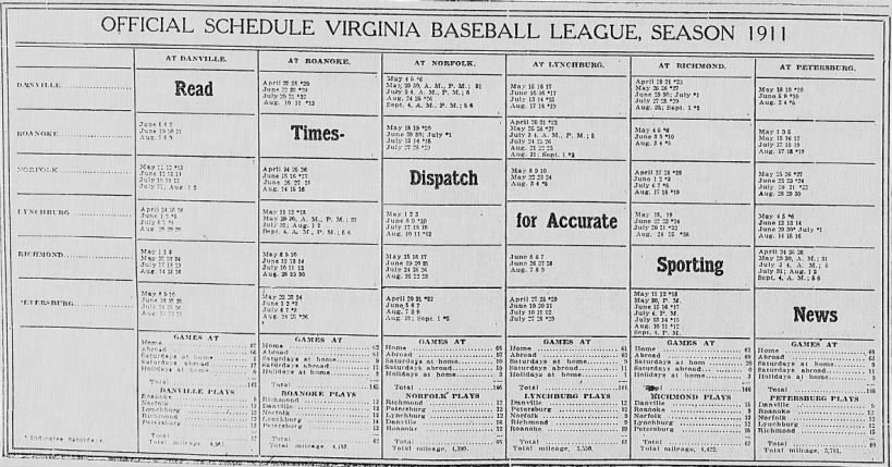 1911 Virginia League schedule