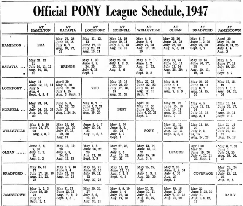 1947 PONY League schedule