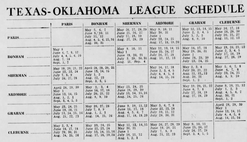 1921 Texas-Oklahoma League schedule