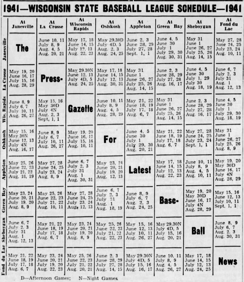 1941 Wisconsin State League schedule