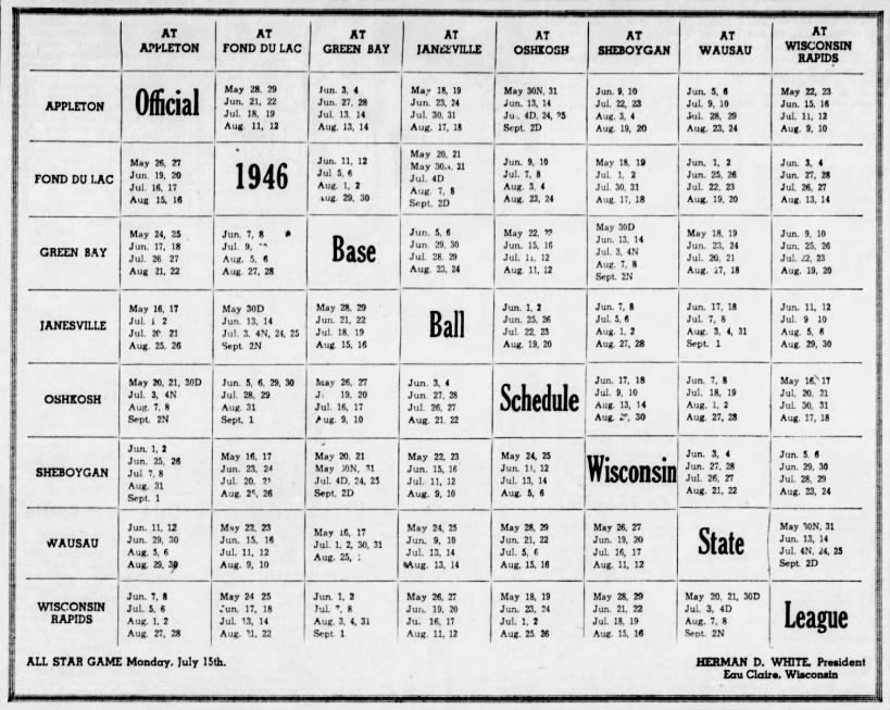 1946 Wisconsin State League schedule