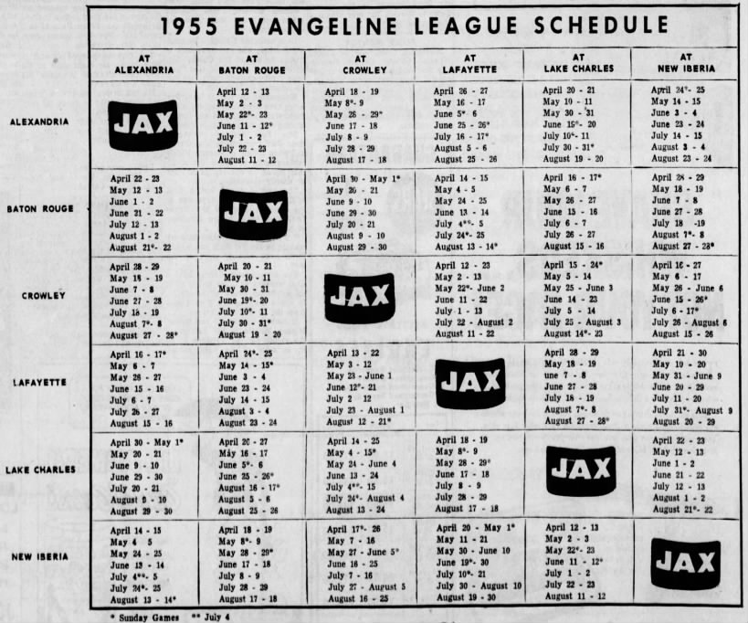 1955 Evangeline League schedule