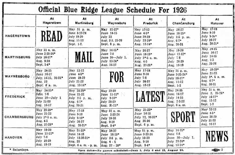 1926 Blue Ridge League schedule