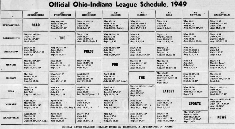 1949 Ohio-Indiana League schedule