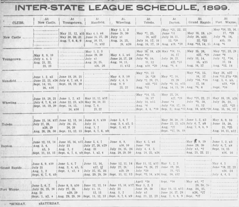 1899 Inter-State League schedule