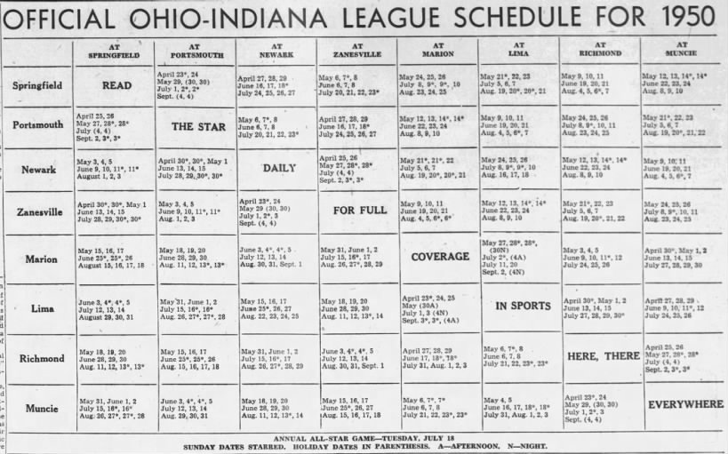 1950 Ohio-Indiana League schedule