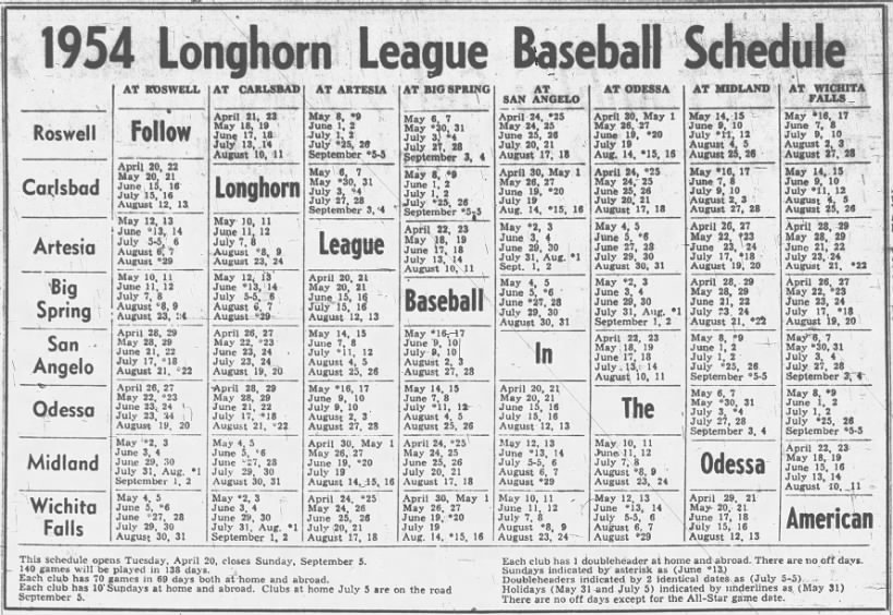 1954 Longhorn League schedule