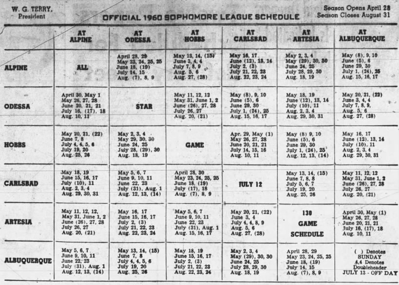 1960 Sophomore League schedule
