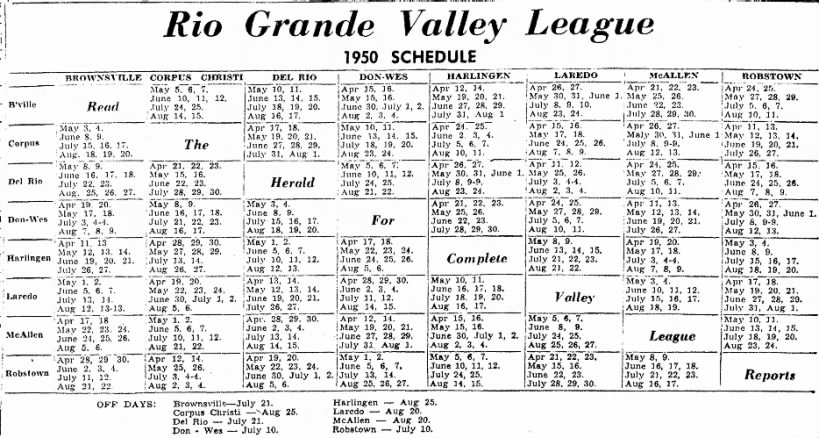 1950 Rio Grande Valley League schedule