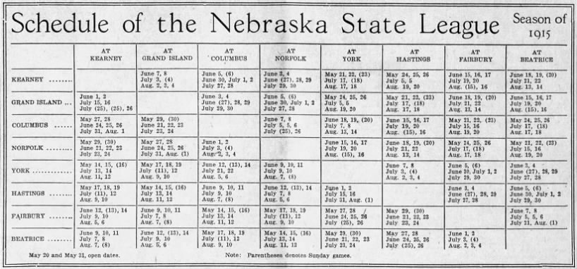 1915 Nebraska State League schedule