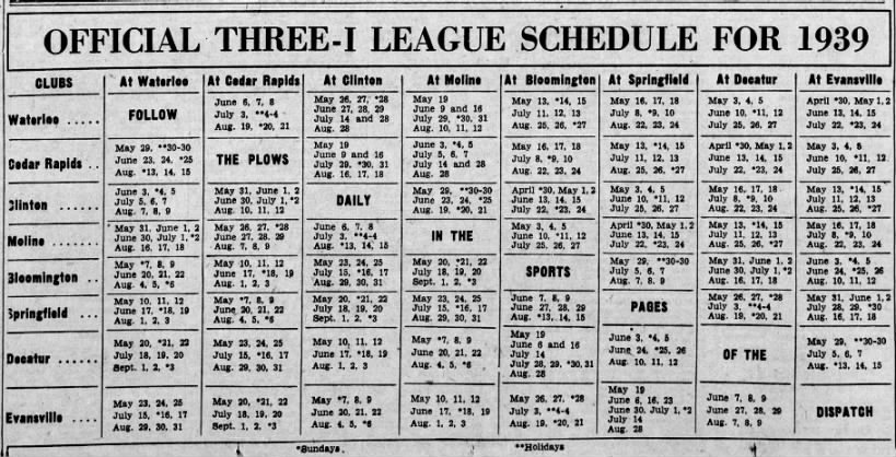 1939 Three-I League schedule