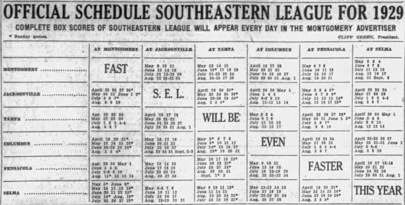 1929 Southeastern League schedule