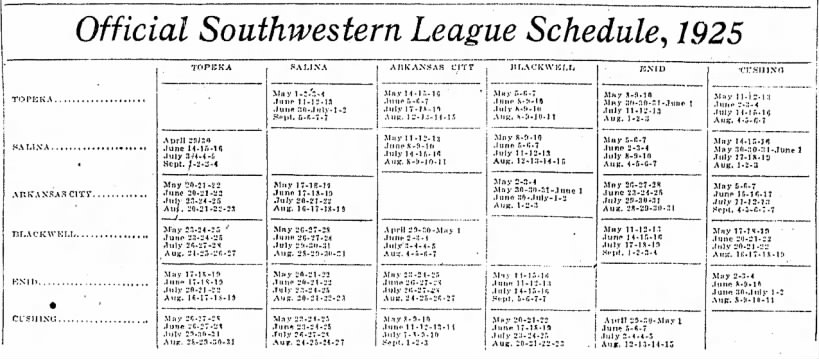 1925 Southwestern League schedule