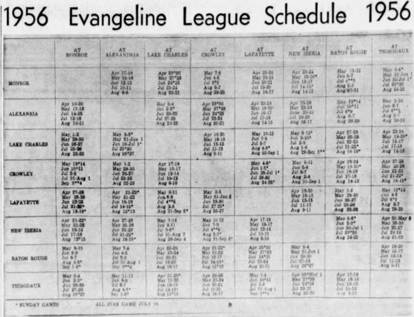 1956 Evangeline League schedule