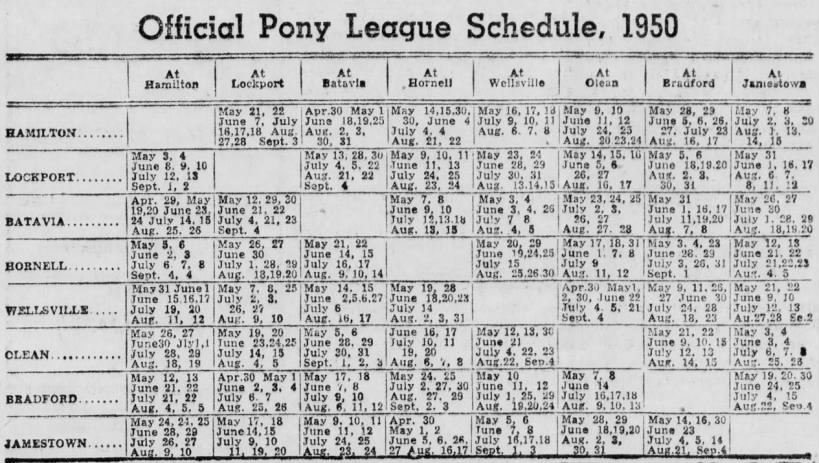1950 PONY League schedule