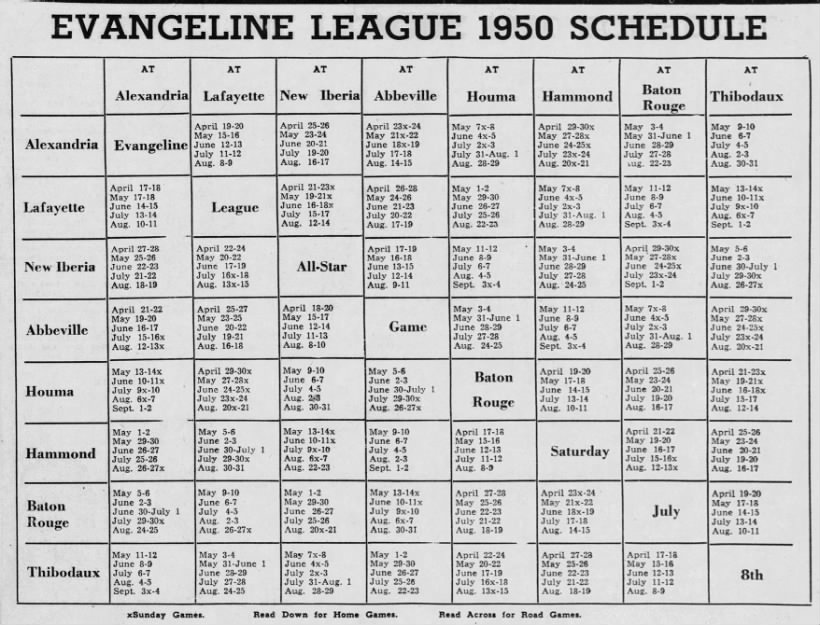 1950 Evangeline League schedule