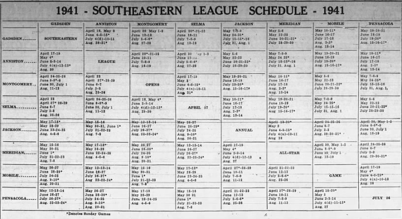 1941 Southeastern League schedule