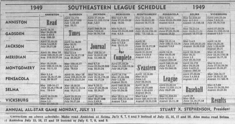 1949 Southeastern League schedule