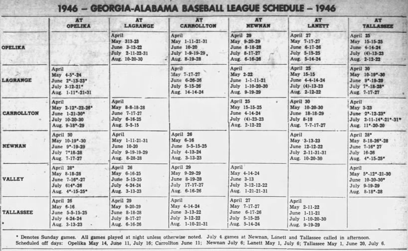 1946 Georgia-Alabama League schedule
