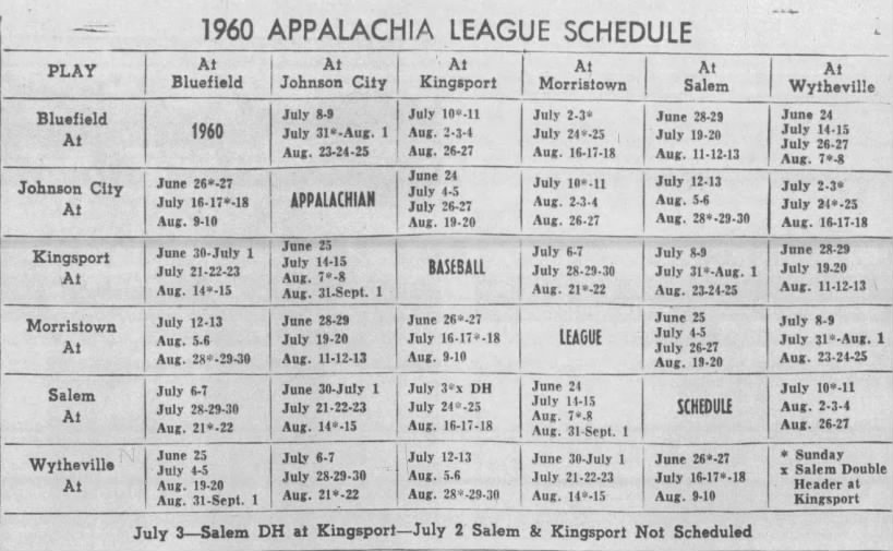 1960 Appalachian League schedule