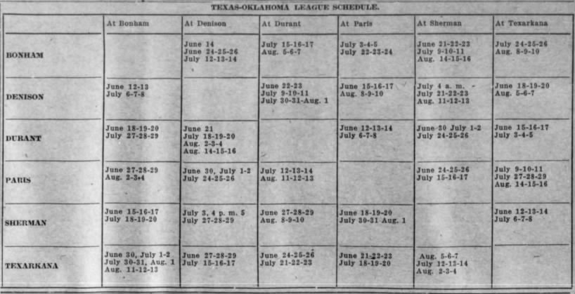 1914 Texas-Oklahoma League schedule
