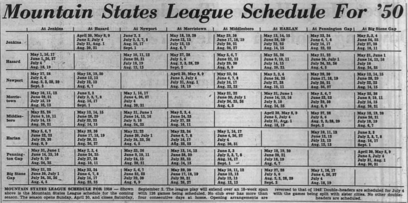 1950 Mountain States League schedule
