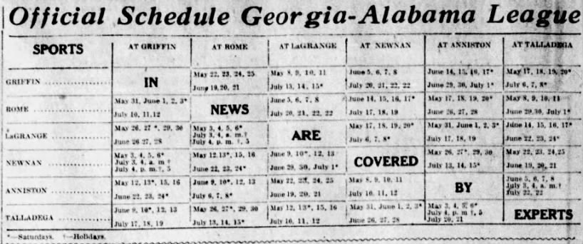 1916 Georgia-Alabama League schedule