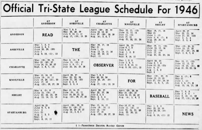 1946 Tri-State League schedule