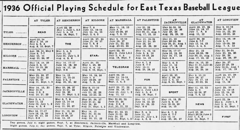 1936 East Texas League schedule