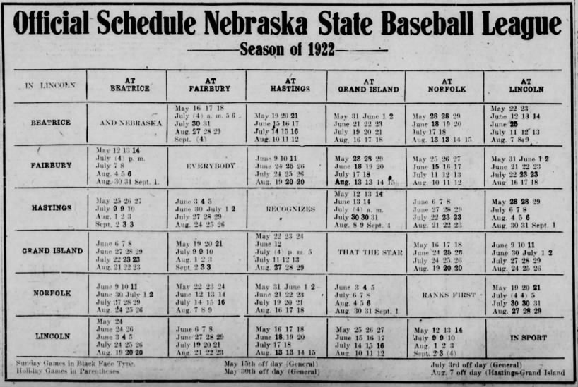 1922 Nebraska State League schedule