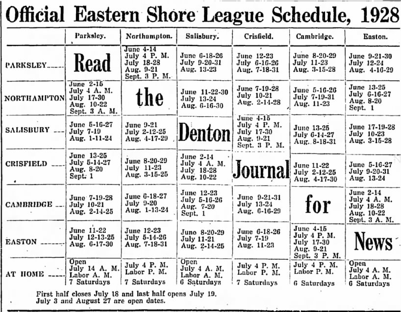 1928 Eastern Shore League schedule