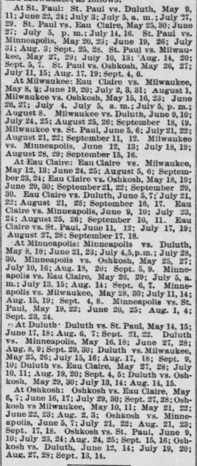 1886 Northwestern League schedule