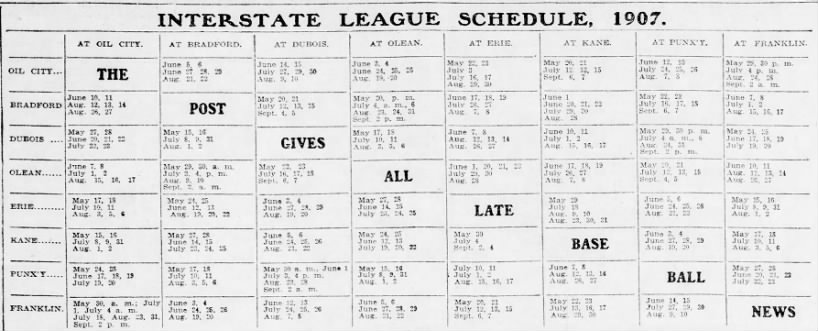 1907 Interstate League schedule