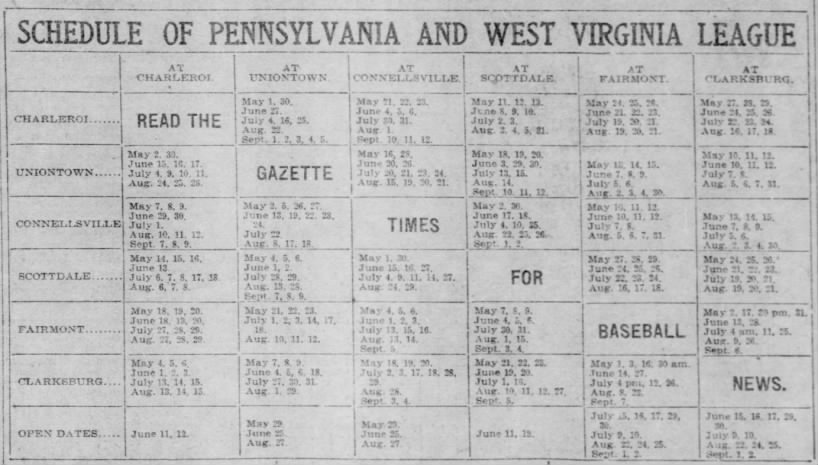 1908 Pennsylvania-West Virginia League schedule