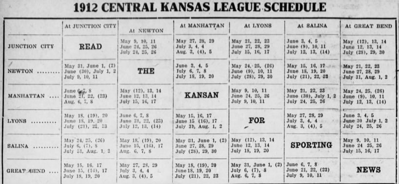 1912 Central Kansas League schedule