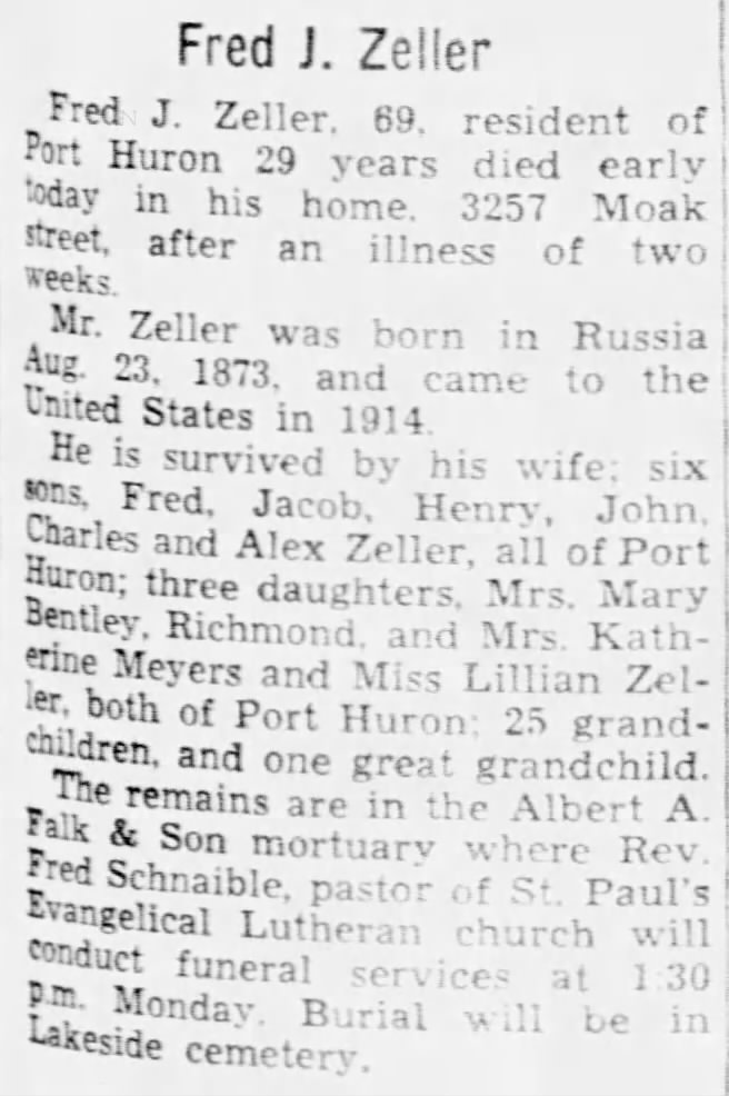 Fred J Zeller Obit Died 20 Mar 1943 Sat The Times Herald (Port Huron)