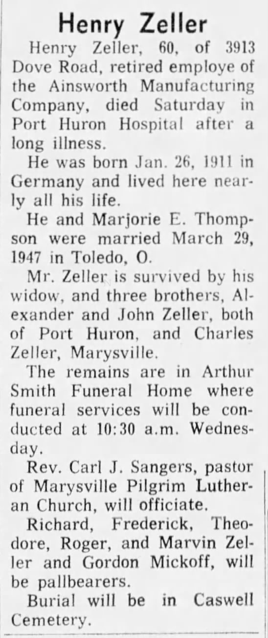 Henry Zeller Obit Died 13 Nov The Times Herald 15 Nov 1971 Mon