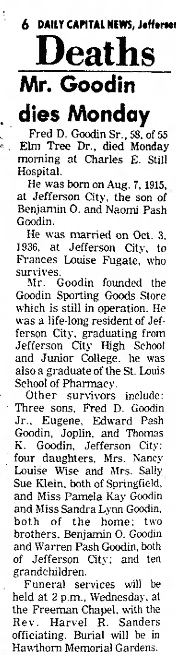 Frederick Dudley "Fred" Goodin obituary